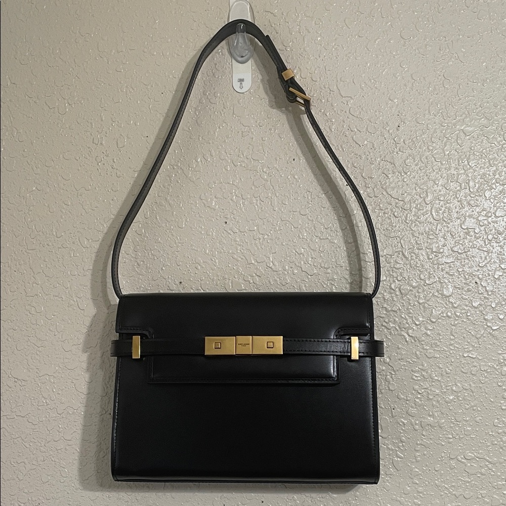 Classic Black Leather Shoulder Bag with Gold Hardware
